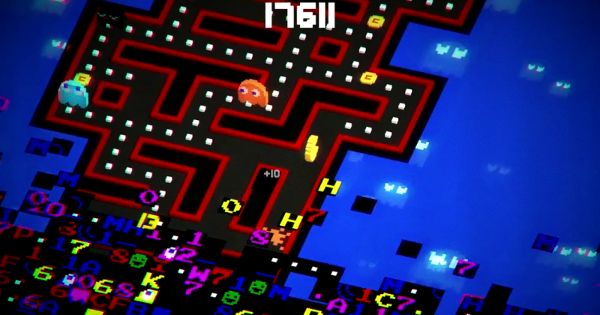 Em Pac-Man 256 o glitch é representado como um monstro que engole o tempo e vai fazendo a tela subir